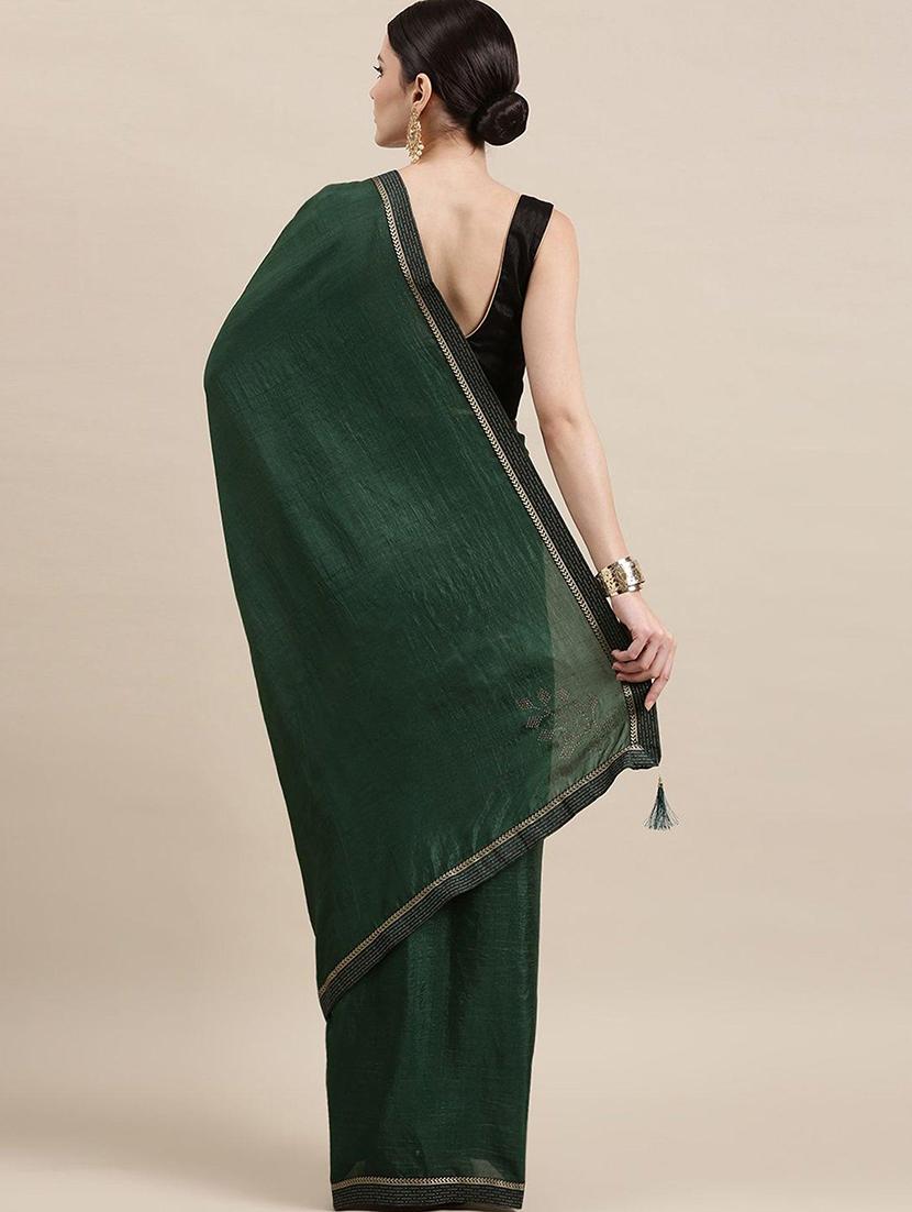 women bottle green solid lace work saree with blouse - 21723540 - Standard Image - 1