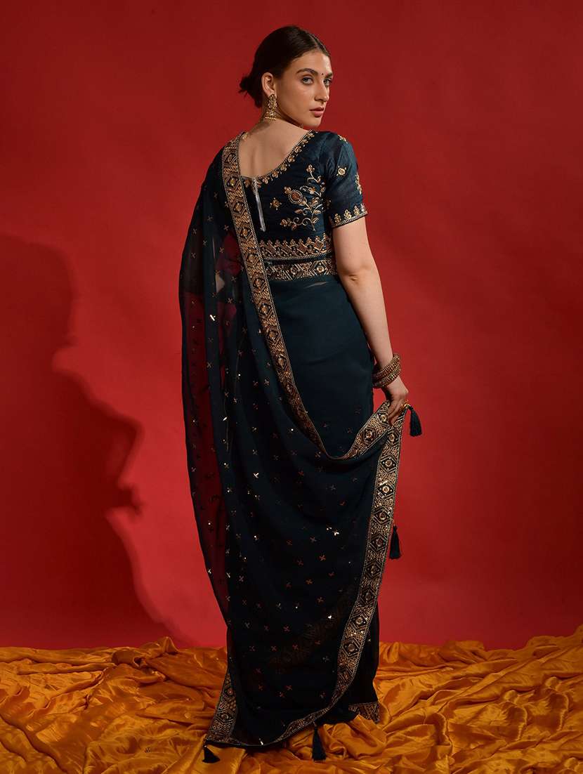 women teal sequin work georgette saree with blouse - 21723580 -  Standard Image - 1