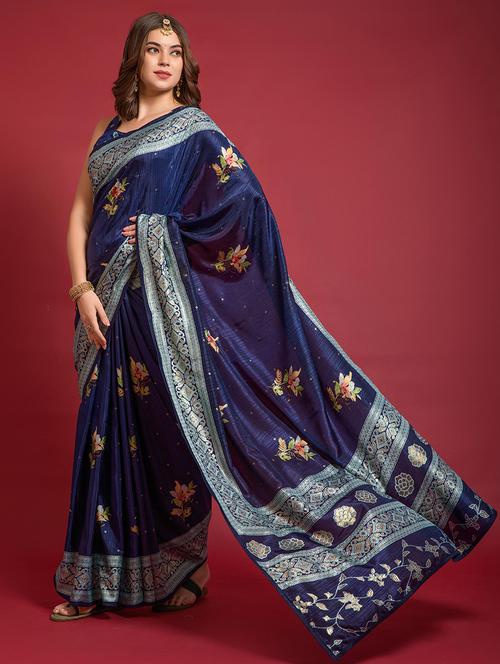 women blue floral bordered saree with blouse - 21723581 - Standard Image - 0