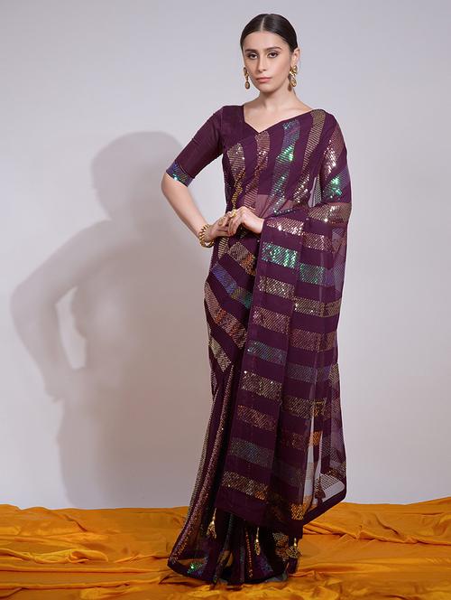 women purple sequin work georgette saree with blouse - 21723587 -  Standard Image - 0