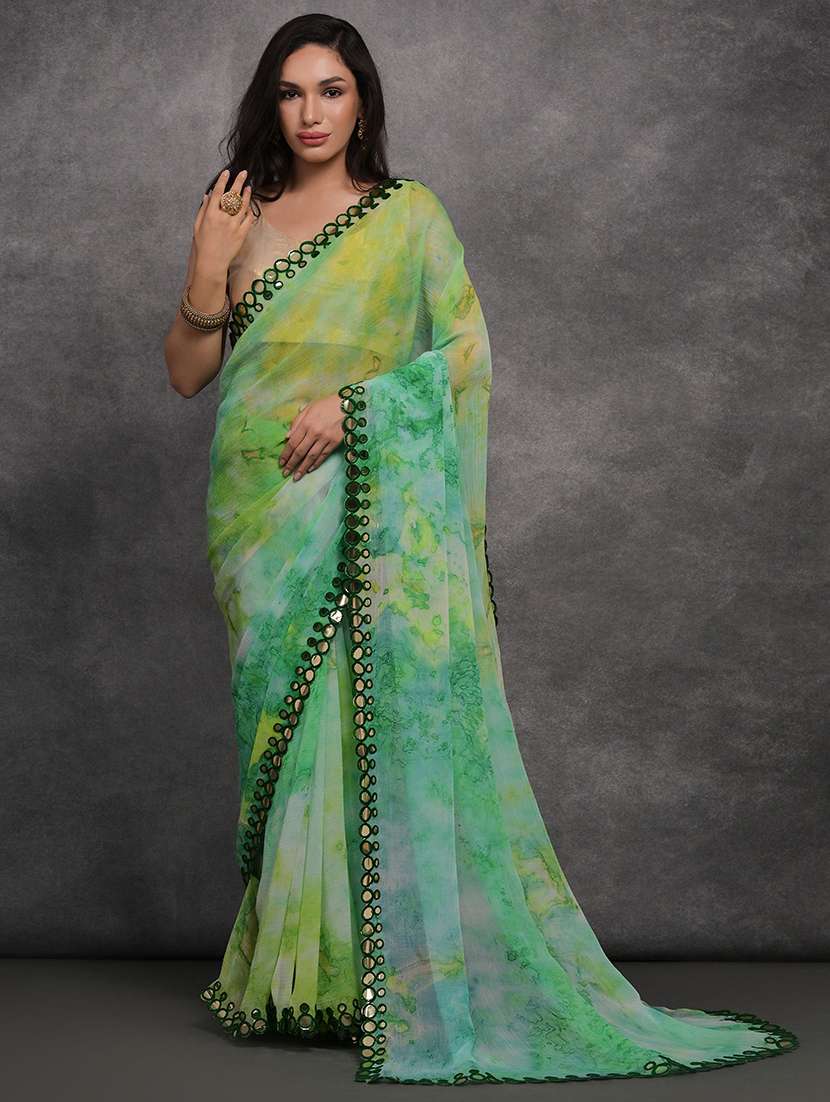 women green printed mirror work saree with blouse