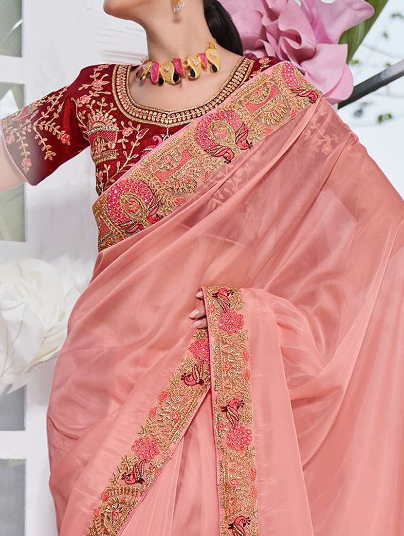 women peach embroidered bordered saree with blouse - 21723593 -  Standard Image - 1
