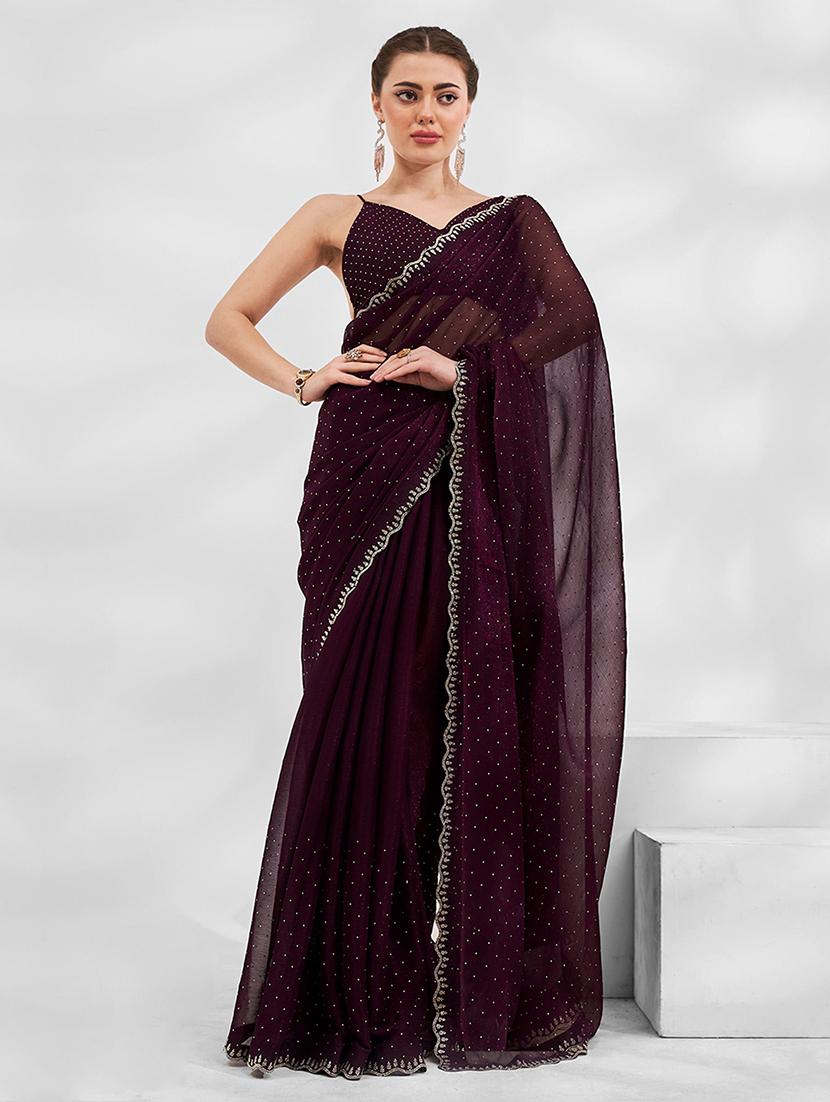women burgundy embellished saree with blouse