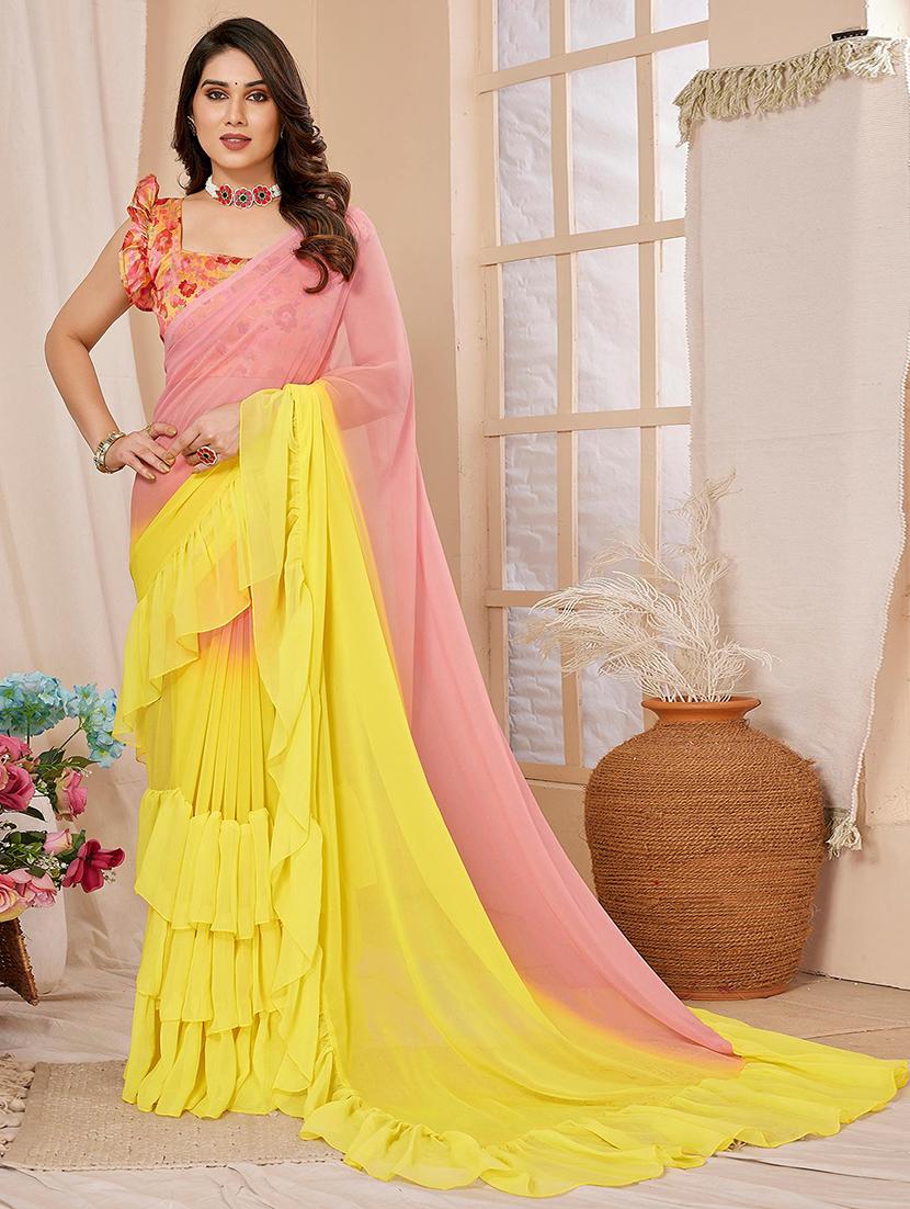 women yellow ombre ruffle saree with blouse - 21723636 -  Zoom Image - 0