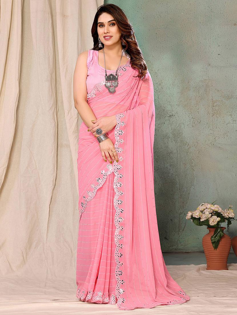 women pink embroidered mirror work saree with blouse - 21723645 -  Zoom Image - 0