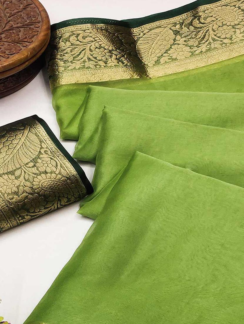 women green solid zari bordered saree with blouse - 21723694 - Standard Image - 1