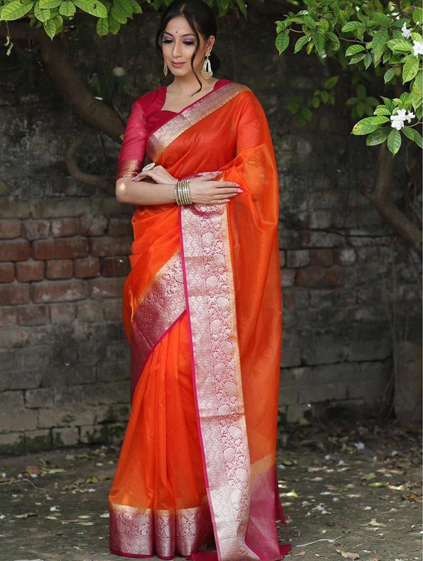 women orange solid zari bordered saree with blouse - 21723698 - Zoom Image - 0