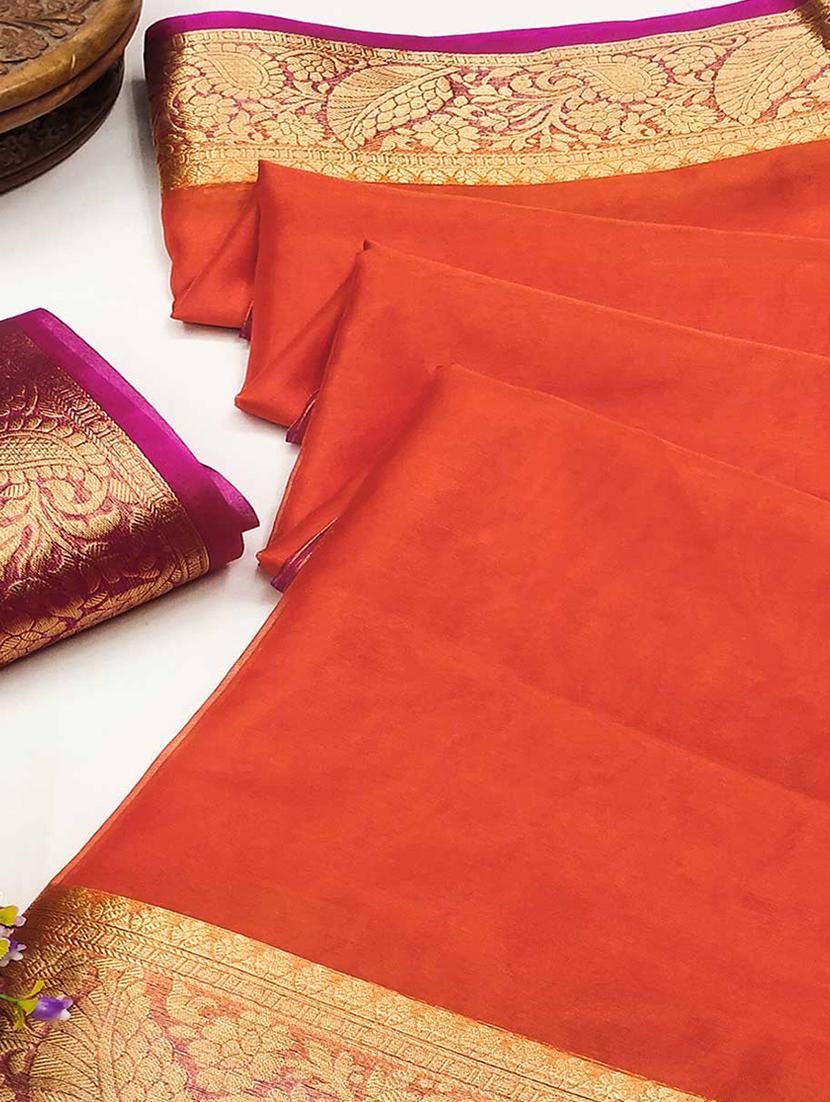 women orange solid zari bordered saree with blouse - 21723698 -  Standard Image - 1