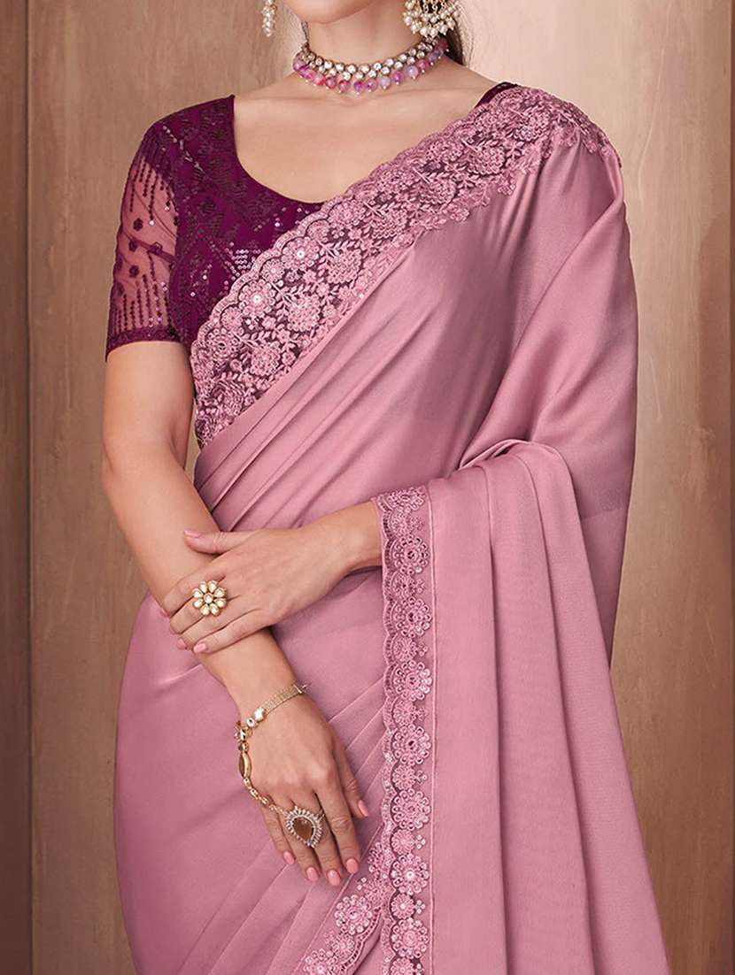 women pink lace bordered saree with blouse - 21723726 -  Standard Image - 1