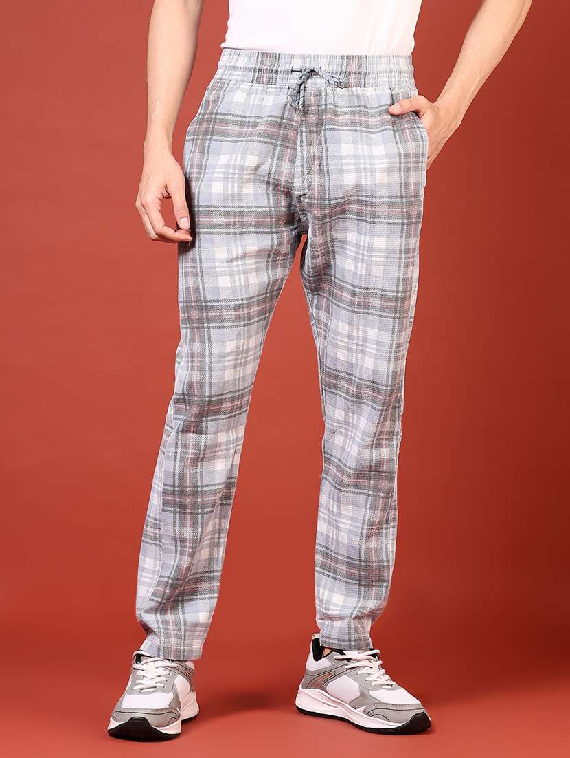 men grey checkered full length track pant - 21723990 -  Standard Image - 1