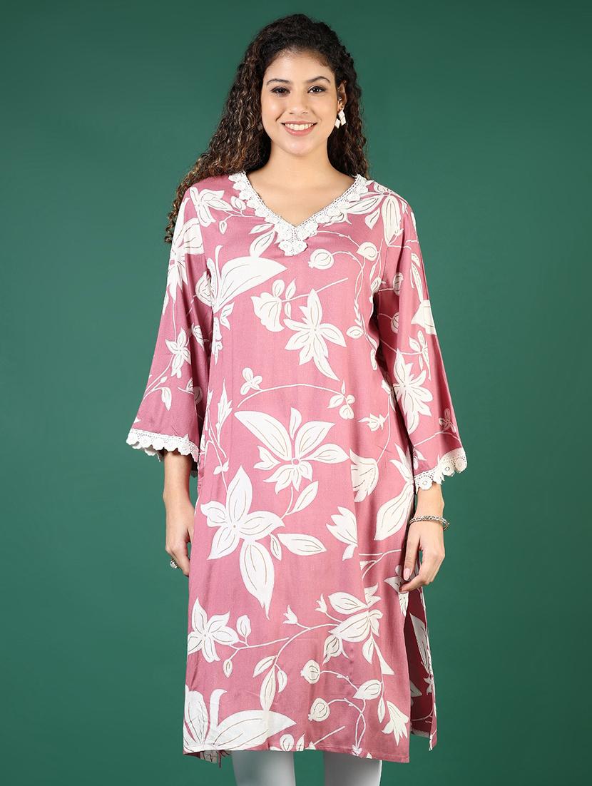 women floral printed three quarter sleeve straight kurta - 21724099 -  Zoom Image - 0