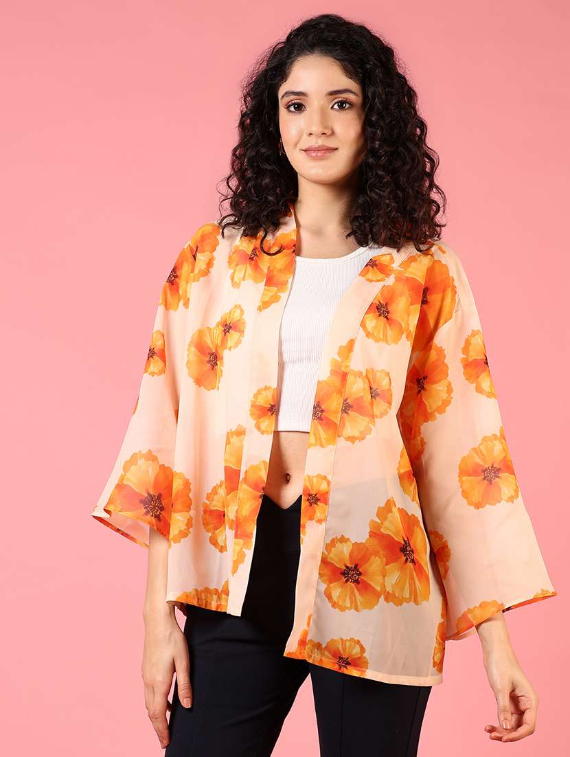 women orange floral printed regular shrug