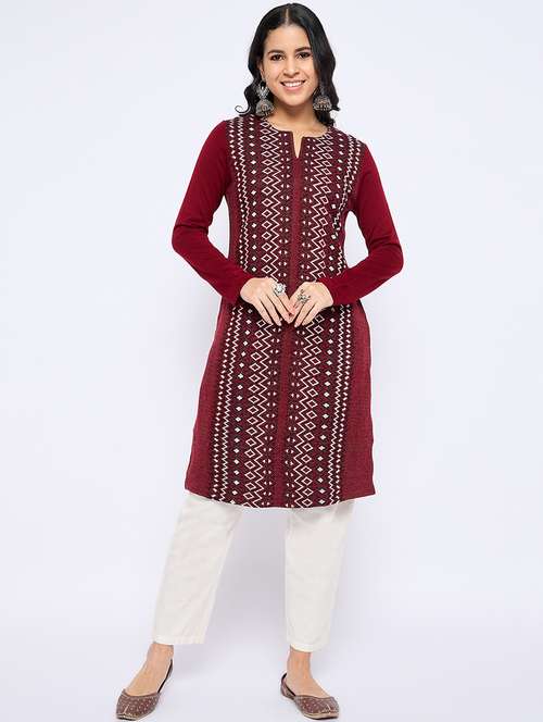 women self designed long sleeves woolen kurta - 21724285 -  Standard Image - 0