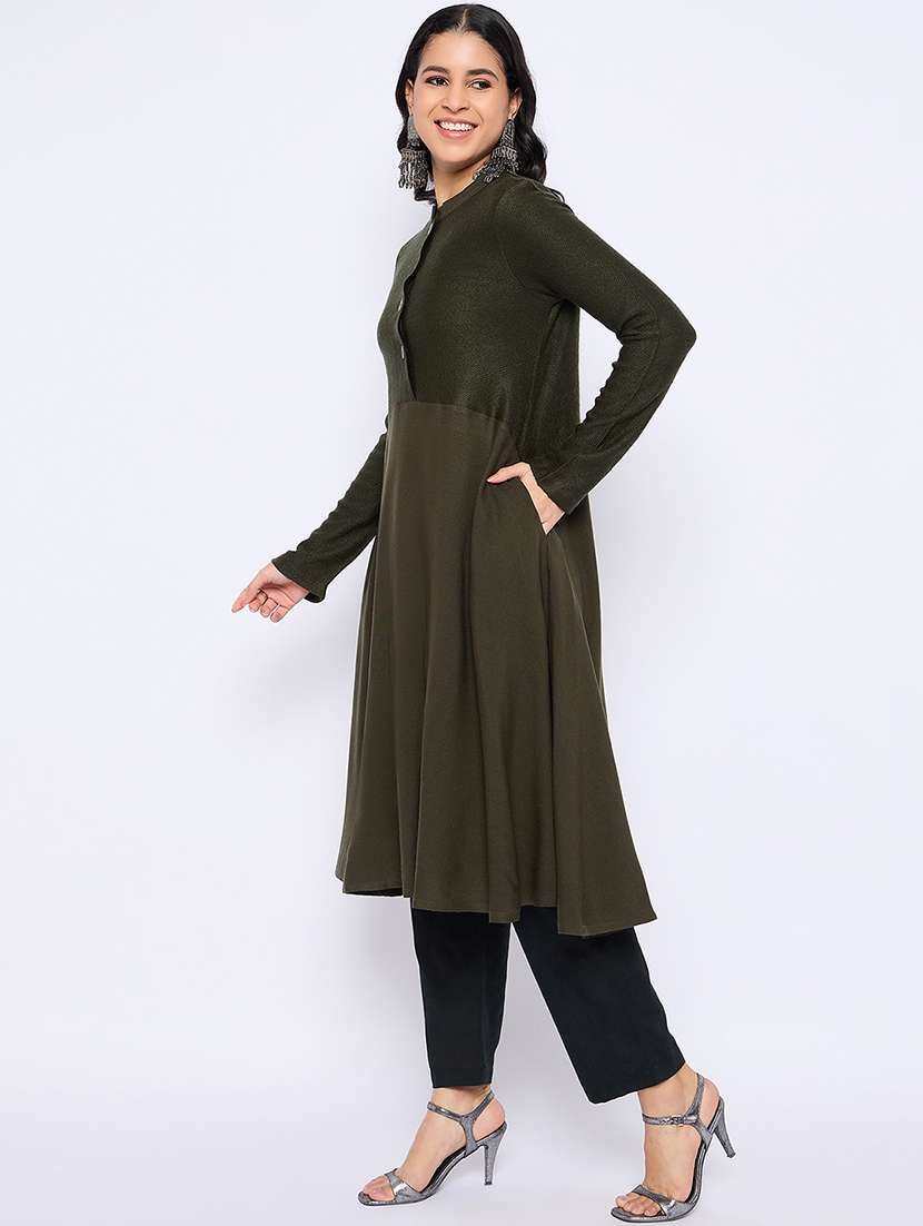 women solid long sleeves woolen kurta - 21724290 -  Standard Image - 1