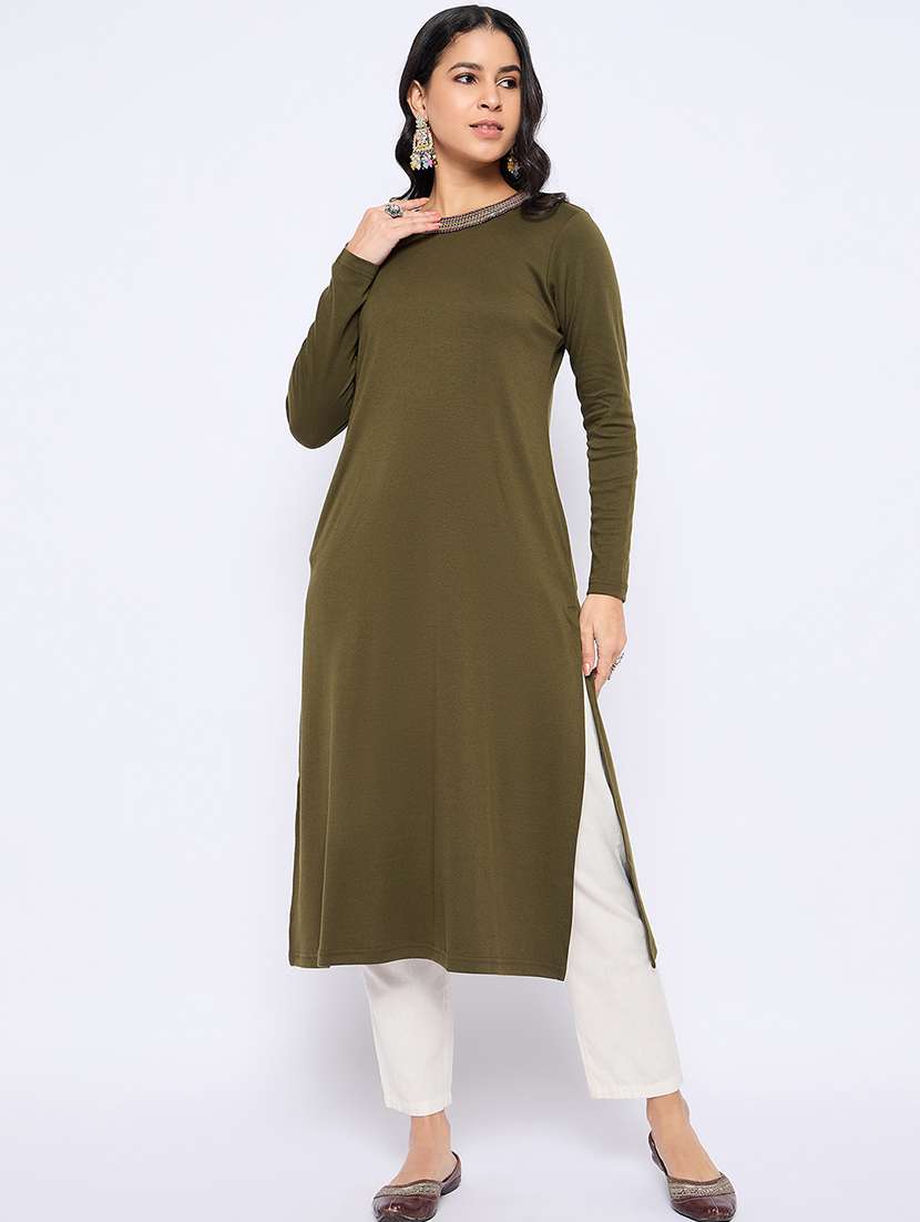 women self designed long sleeves woolen kurta - 21724299 -  Standard Image - 1