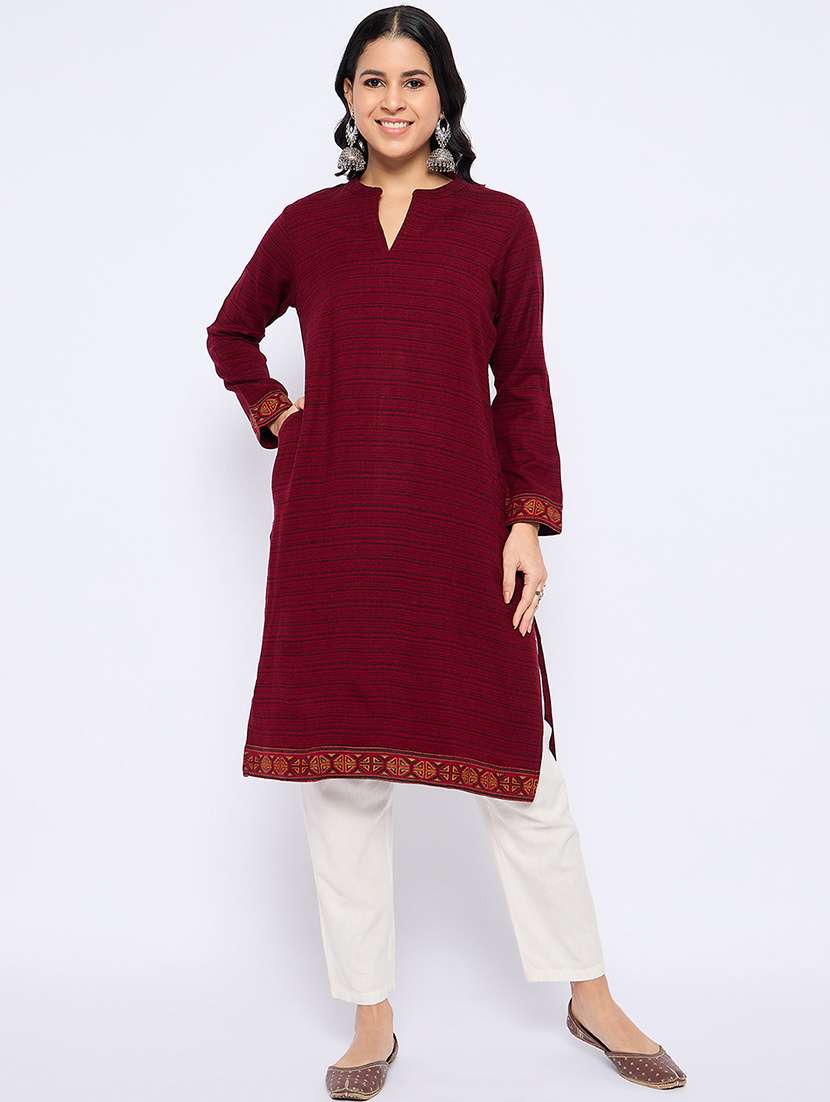 women self designed long sleeves woolen kurta - 21724304 -  Standard Image - 1