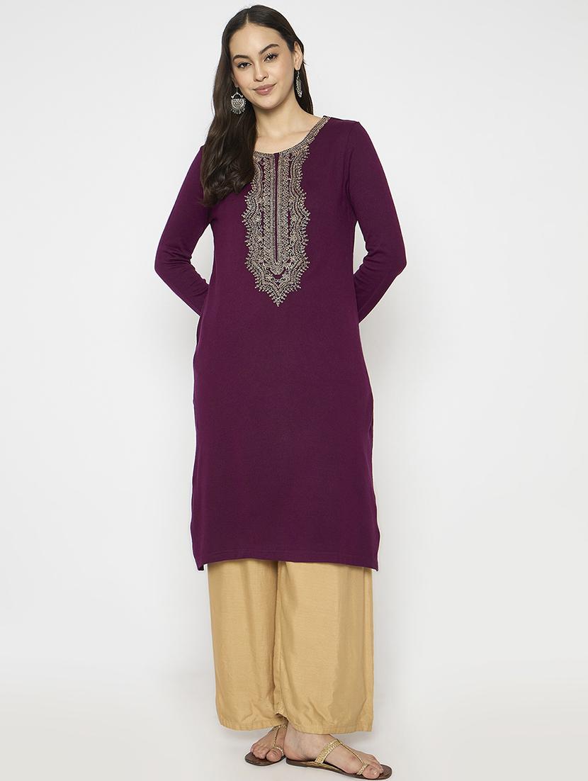 women embroidered long sleeves woolen kurta - 21724306 - Standard Image - 1