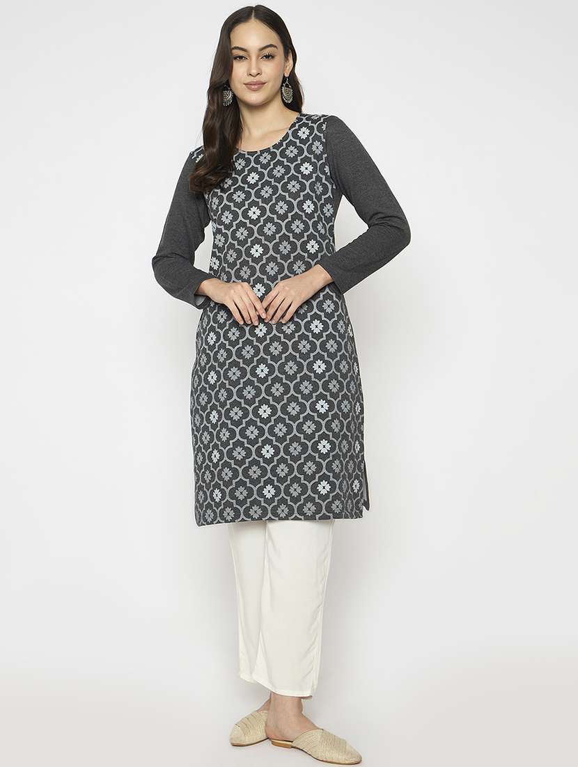 women printed long sleeves woolen kurta