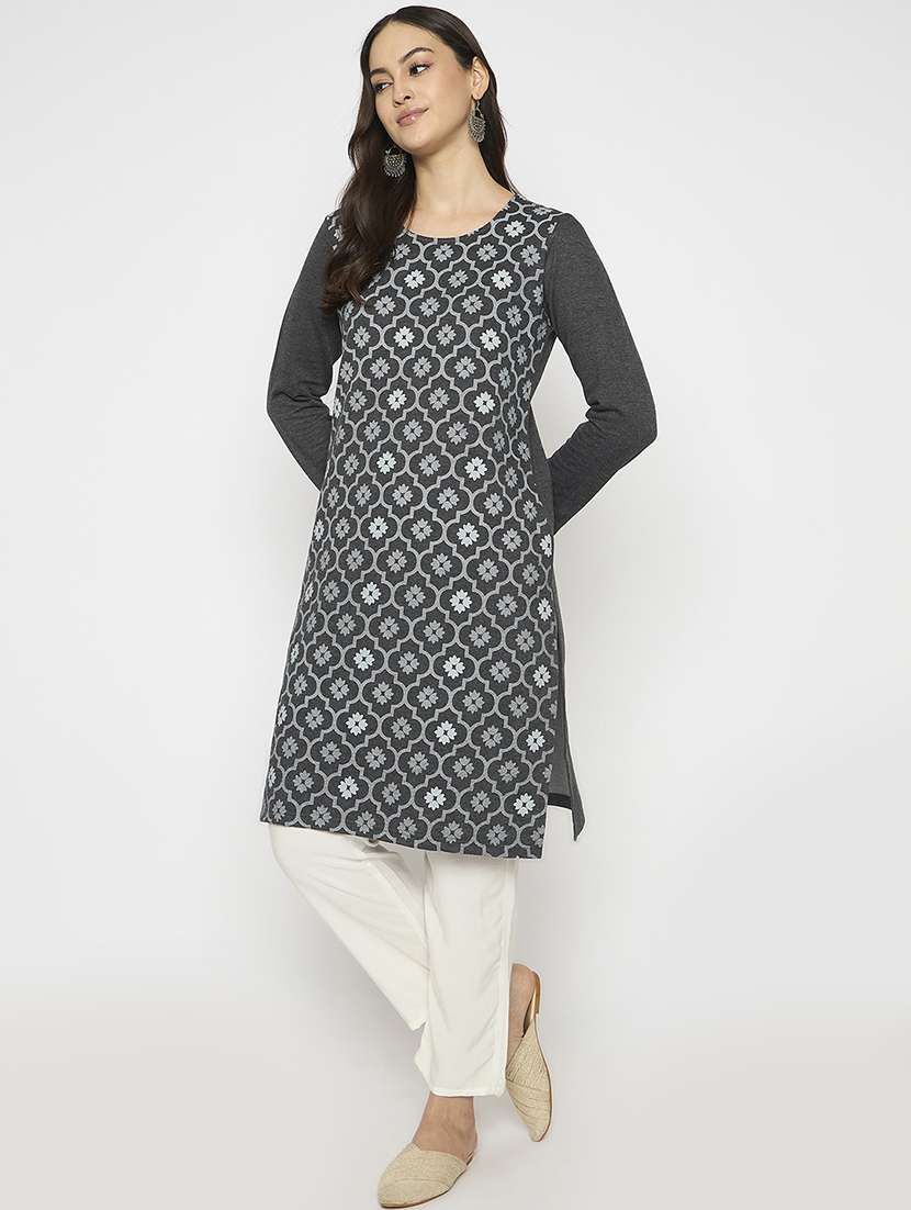 women printed long sleeves woolen kurta - 21724314 -  Standard Image - 1