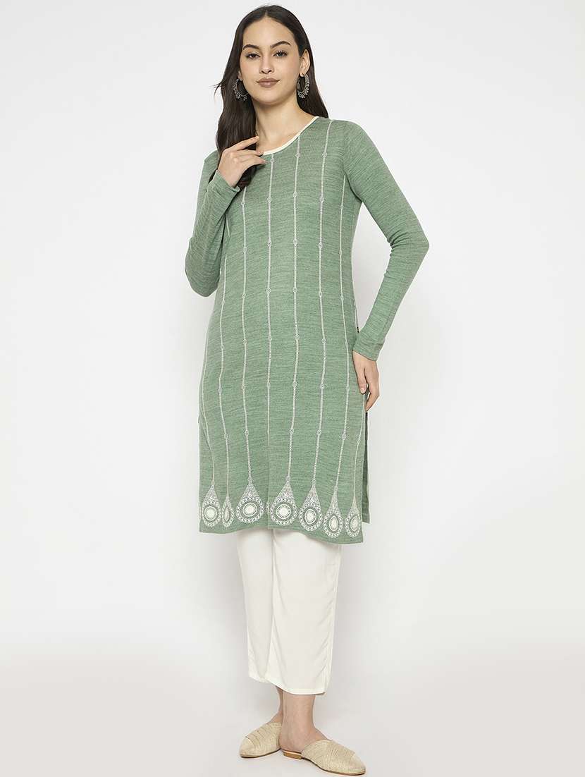 women printed long sleeves woolen kurta
