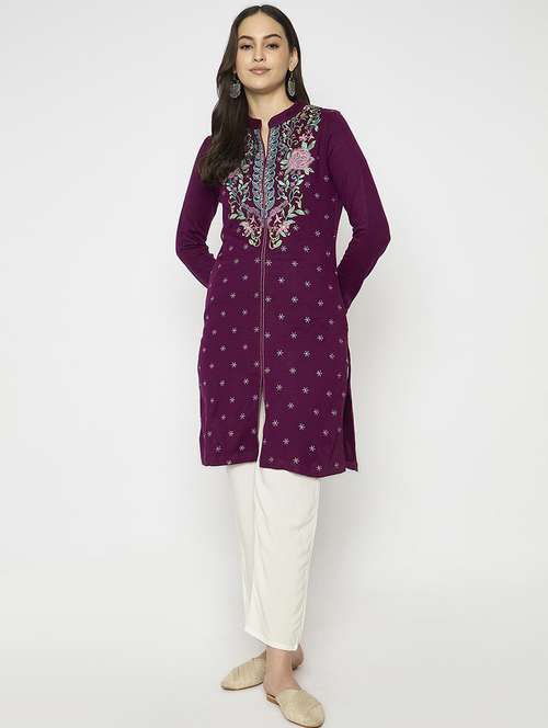 women embroidered long sleeves woolen kurta - 21724317 -  Standard Image - 0