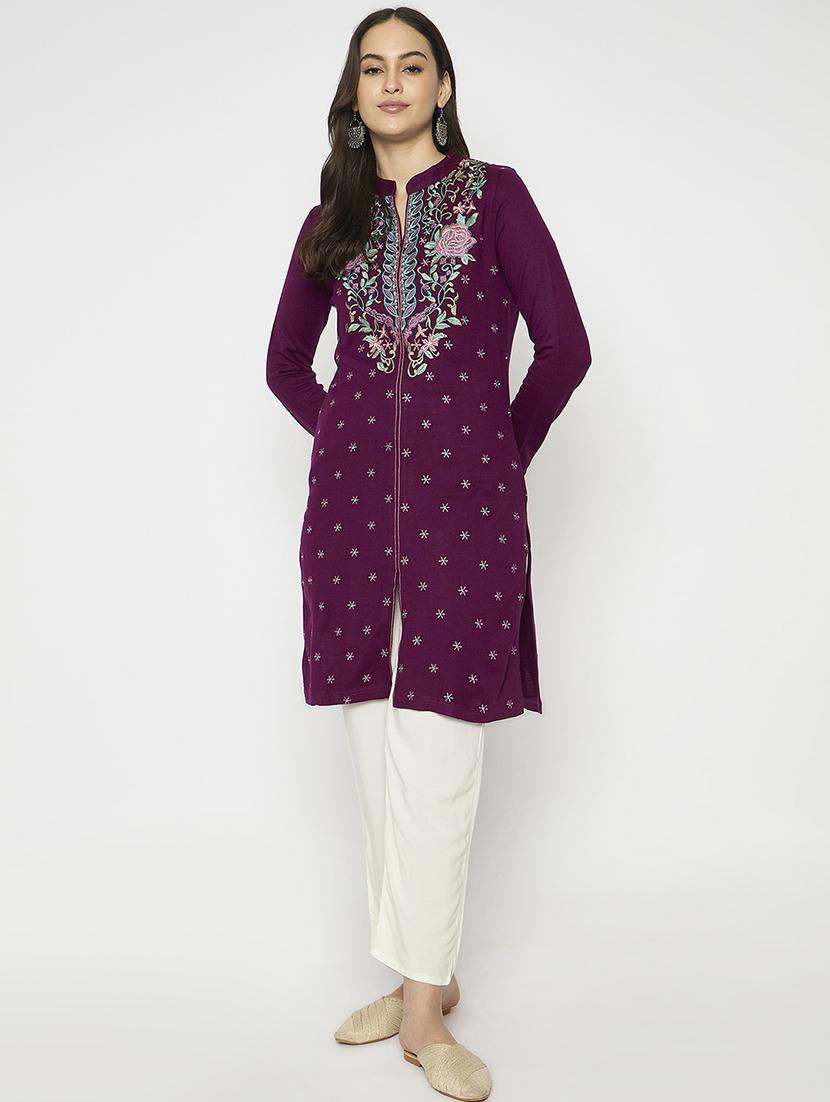 women embroidered long sleeves woolen kurta