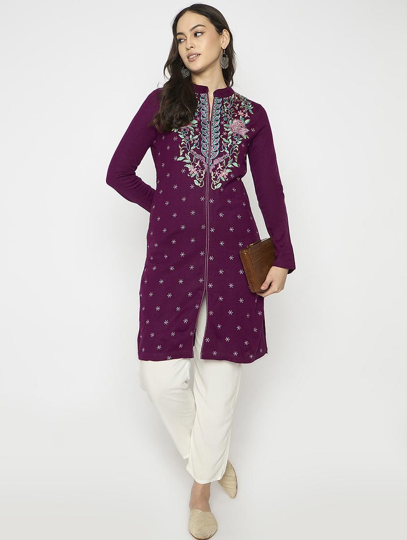 women embroidered long sleeves woolen kurta - 21724317 -  Standard Image - 1