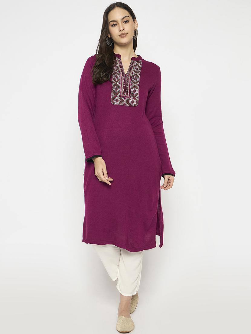 women embroidered long sleeves woolen kurta - 21724319 - Zoom Image - 0