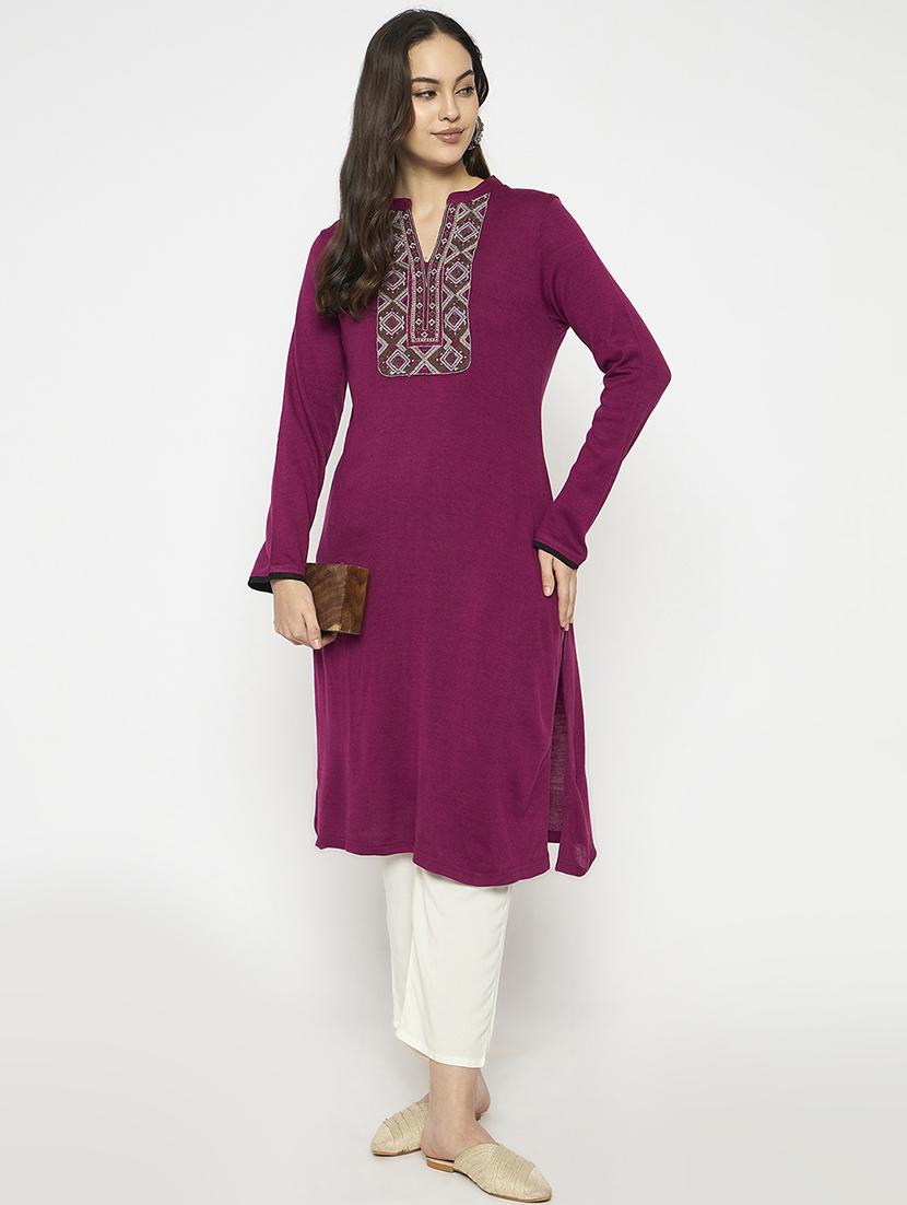 women embroidered long sleeves woolen kurta - 21724319 - Standard Image - 1