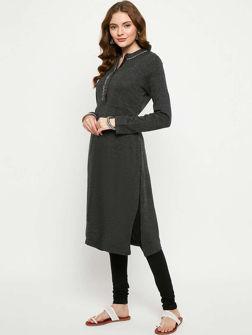 women embroidered long sleeves woolen kurta - 21724323 -  Standard Image - 1