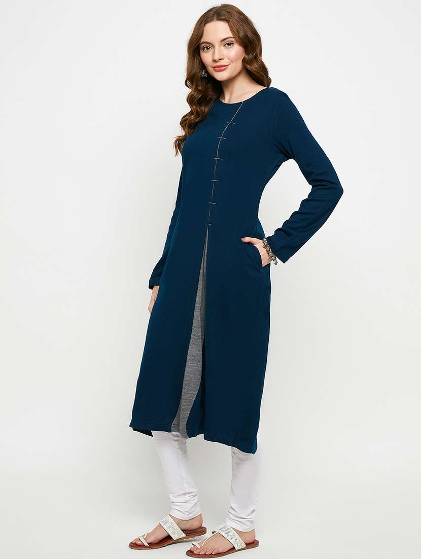 women solid long sleeves woolen kurta - 21724324 -  Standard Image - 1