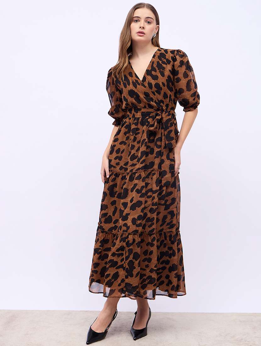 women animal print puff sleeves tiered dress