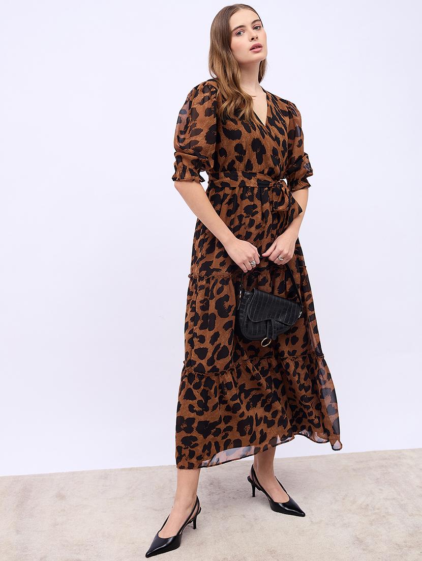 women animal print puff sleeves tiered dress - 21725290 - Standard Image - 1