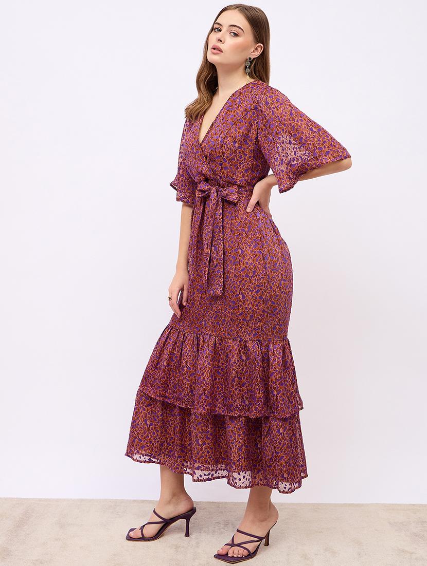 women printed puff sleeves layered dress - 21725298 - Standard Image - 1
