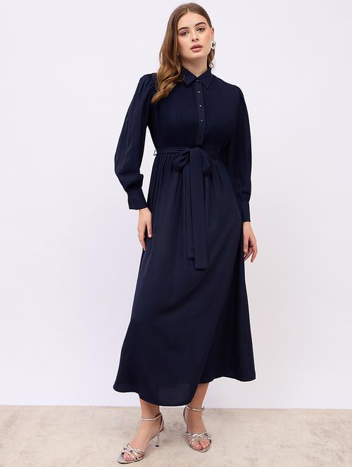women solid puff sleeves fit & flare dress - 21725300 - Standard Image - 0