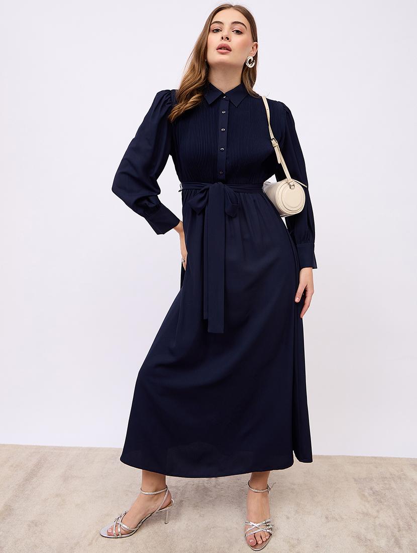 women solid puff sleeves fit & flare dress - 21725300 - Standard Image - 1