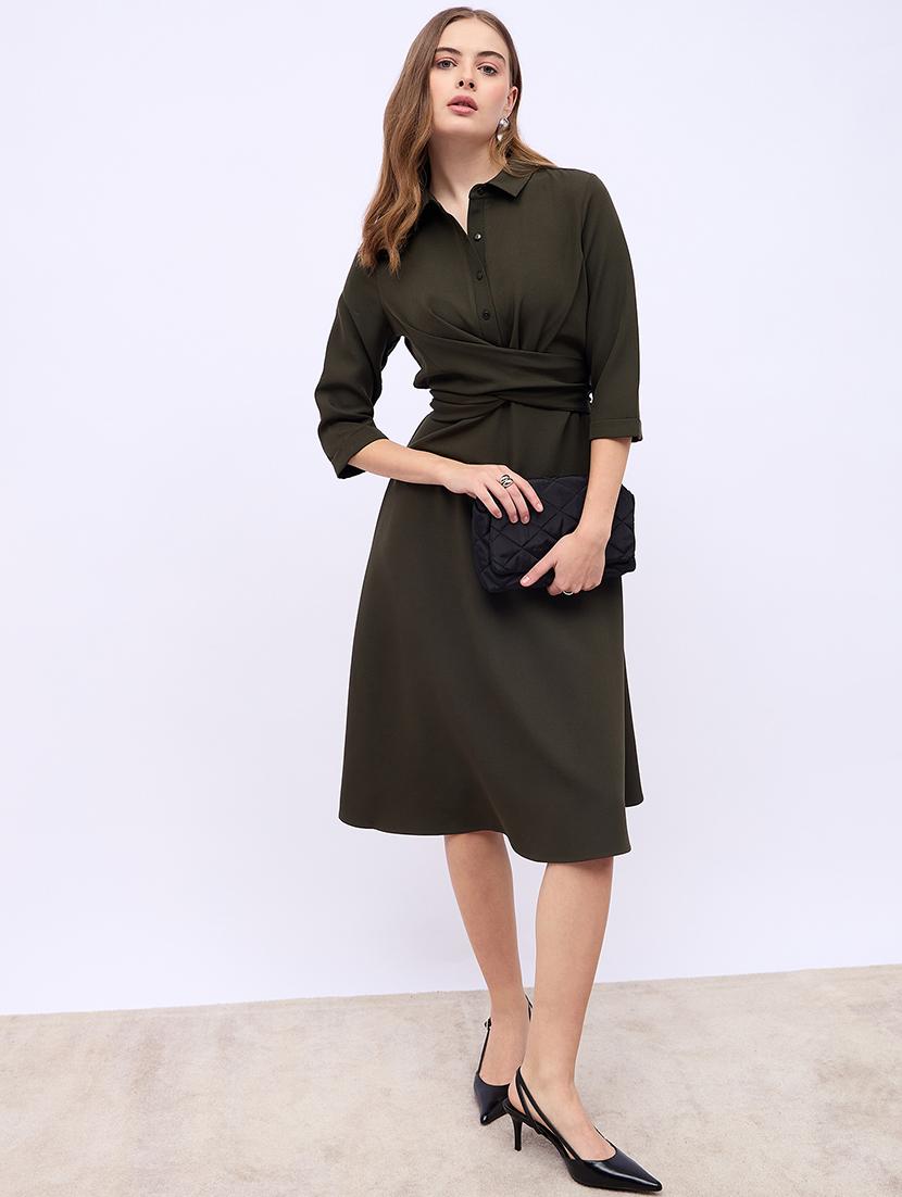 women solid collared fit & flare dress - 21725303 - Standard Image - 1