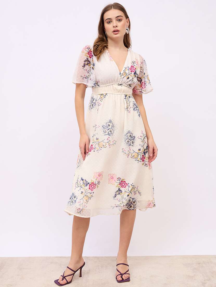 women floral print puff sleeves a-line dress