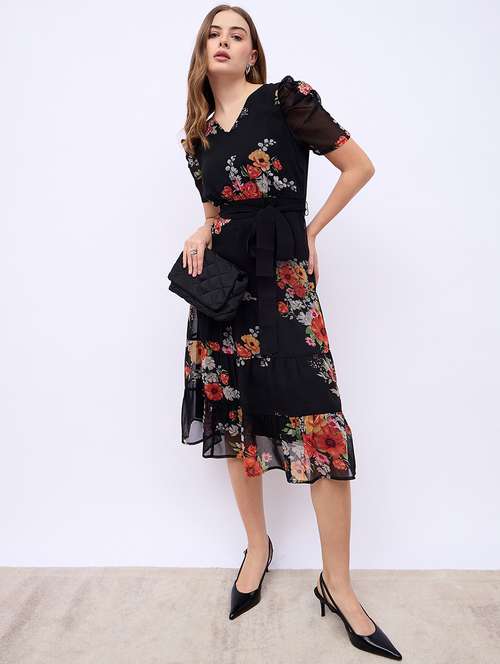 women floral print puff sleeves tiered dress