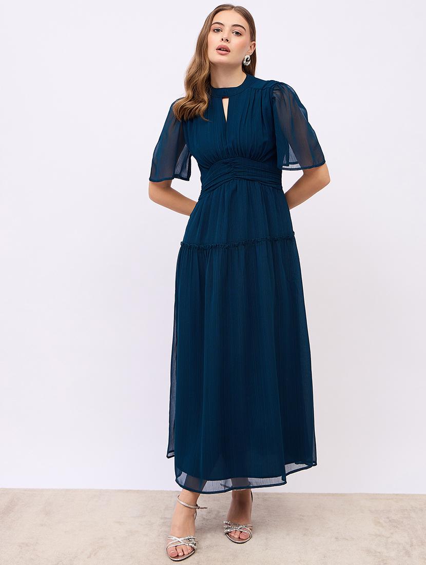 women solid puff sleeves tiered dress - 21725309 - Standard Image - 1