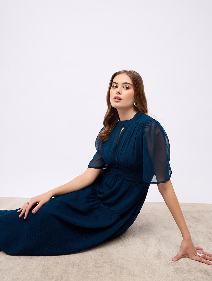 women solid puff sleeves tiered dress - 21725309 - Standard Image - 4