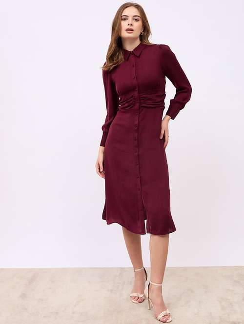 women solid collared puff sleeves shirt dress