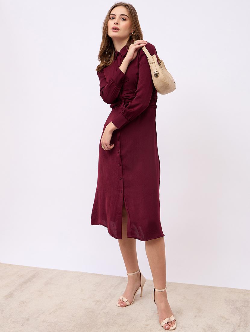 women solid collared puff sleeves shirt dress - 21725311 - Standard Image - 1
