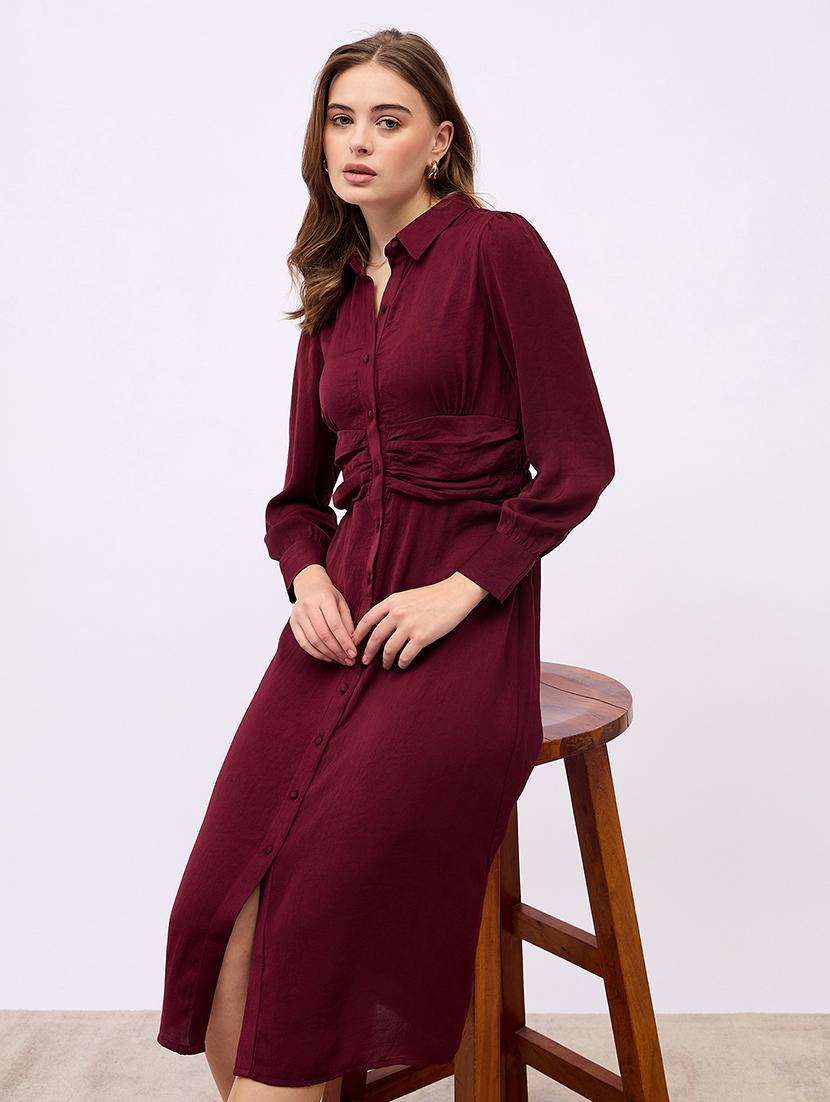 women solid collared puff sleeves shirt dress - 21725311 - Standard Image - 4