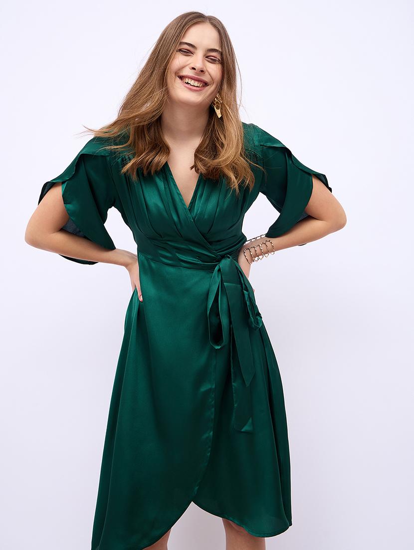 women solid tulip sleeves warp dress - 21725323 - Standard Image - 4