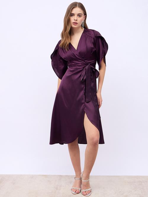 women solid tulip sleeves wrap dress - 21725324 -  Standard Image - 0