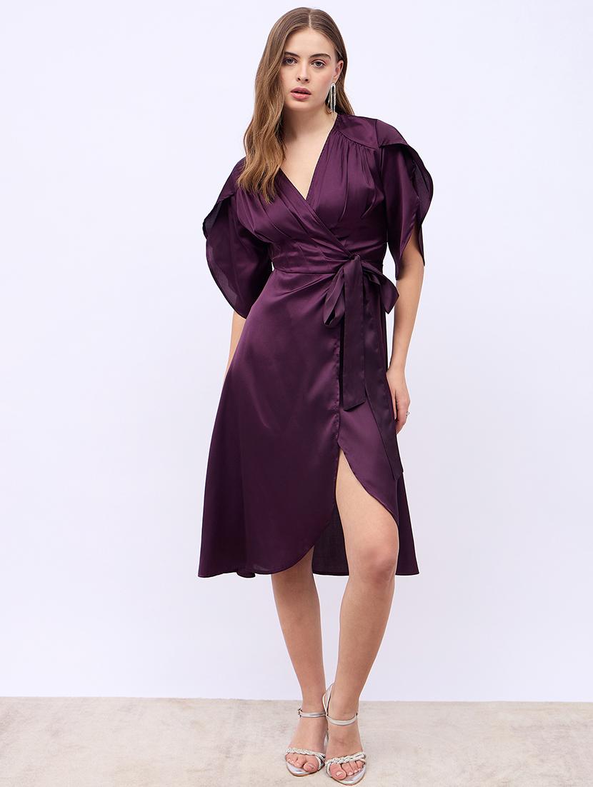 women solid tulip sleeves wrap dress - 21725324 -  Zoom Image - 0