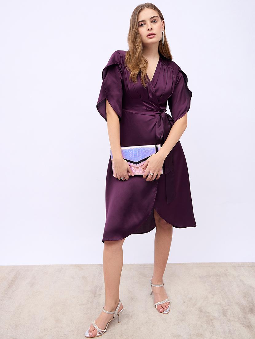 women solid tulip sleeves wrap dress - 21725324 -  Standard Image - 1