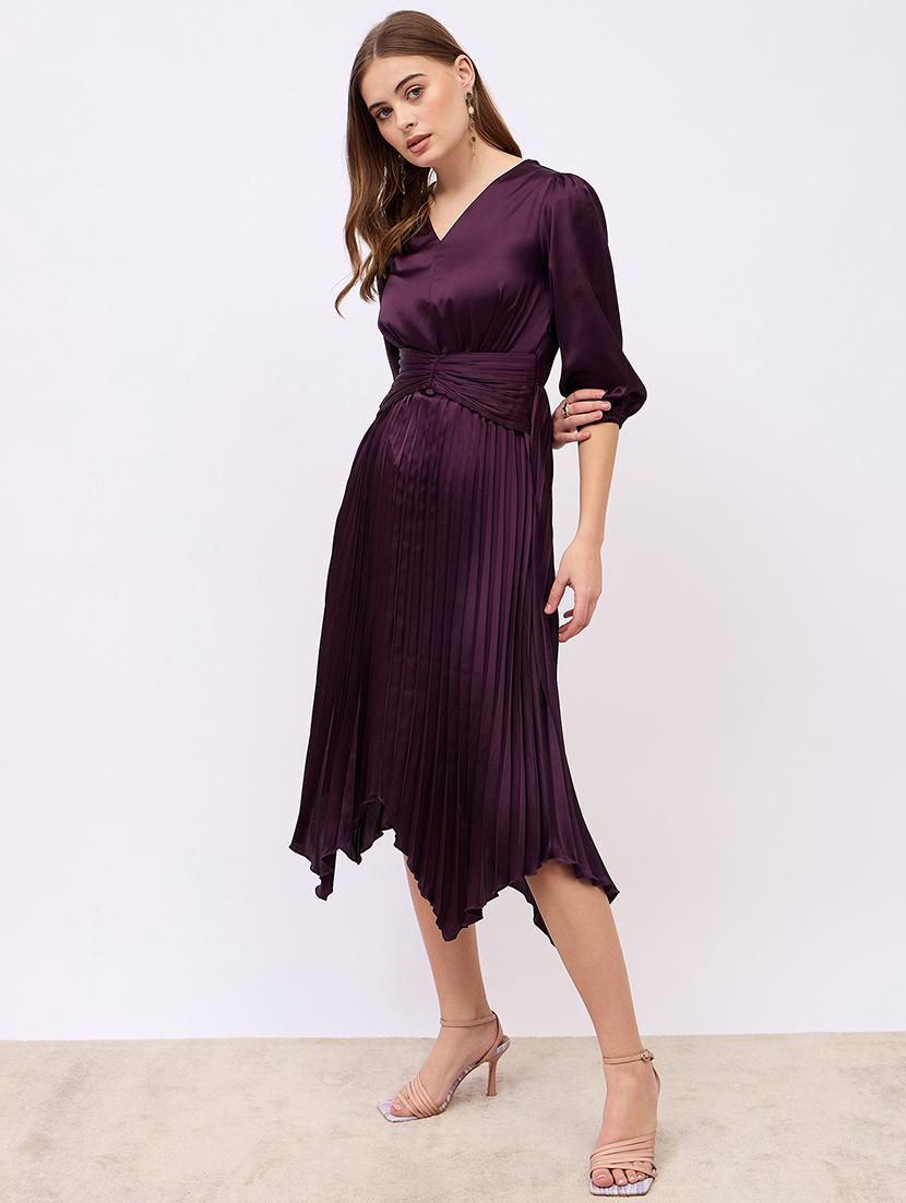 women solid puff sleeves asymmetric dress - 21725326 - Standard Image - 1