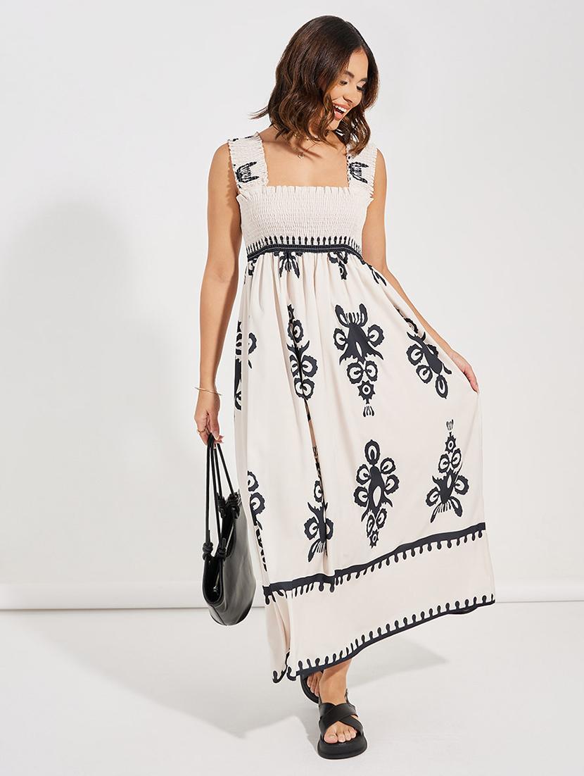 women printed smocked detailed sleeves dress - 21725327 - Standard Image - 1